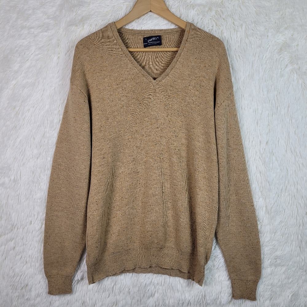 Vtg Puritan Mens L Tan Donegal  V-Neck Sweatshirt Preppy Made In USA‎ Casual